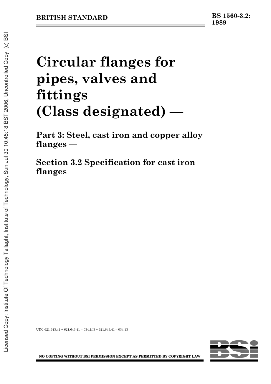 [www.staffempire.com]-BS 1560-3.2-1989 管道 阀门和管件用圆法兰(特定类别).钢、铸铁和铜合金法兰 第2节铸铁法兰规范 .pdf_第1页