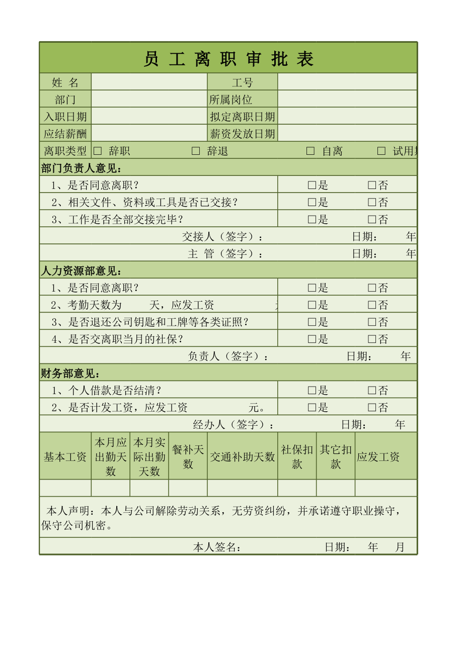 261绿色员工离职审批表excel模板.xlsx_第1页