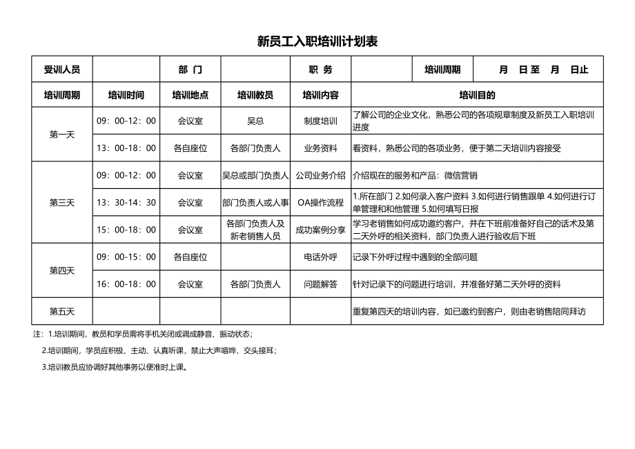 129新员工入职培训计划表.xlsx_第1页