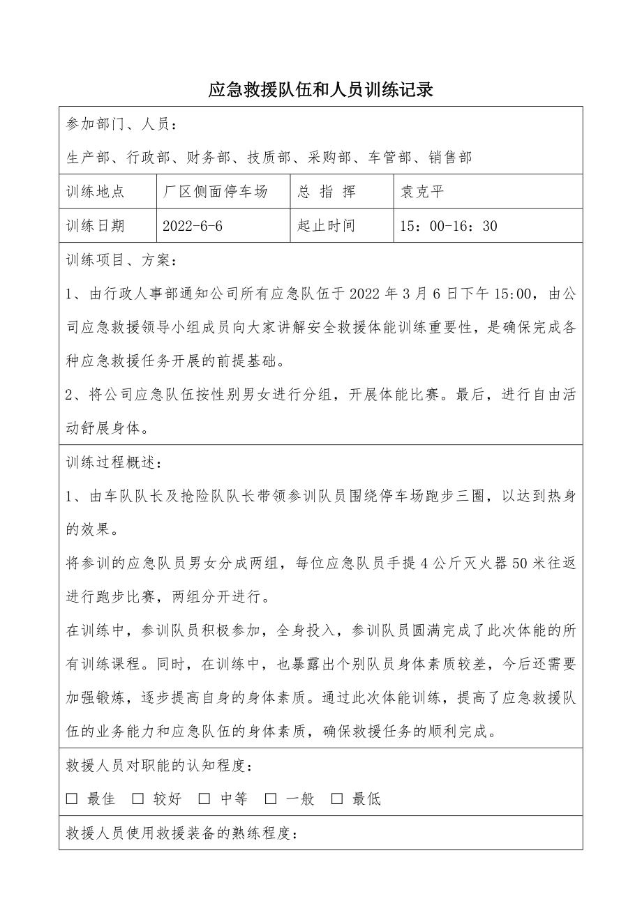 2022年应急救援队伍训练记录.doc_第1页