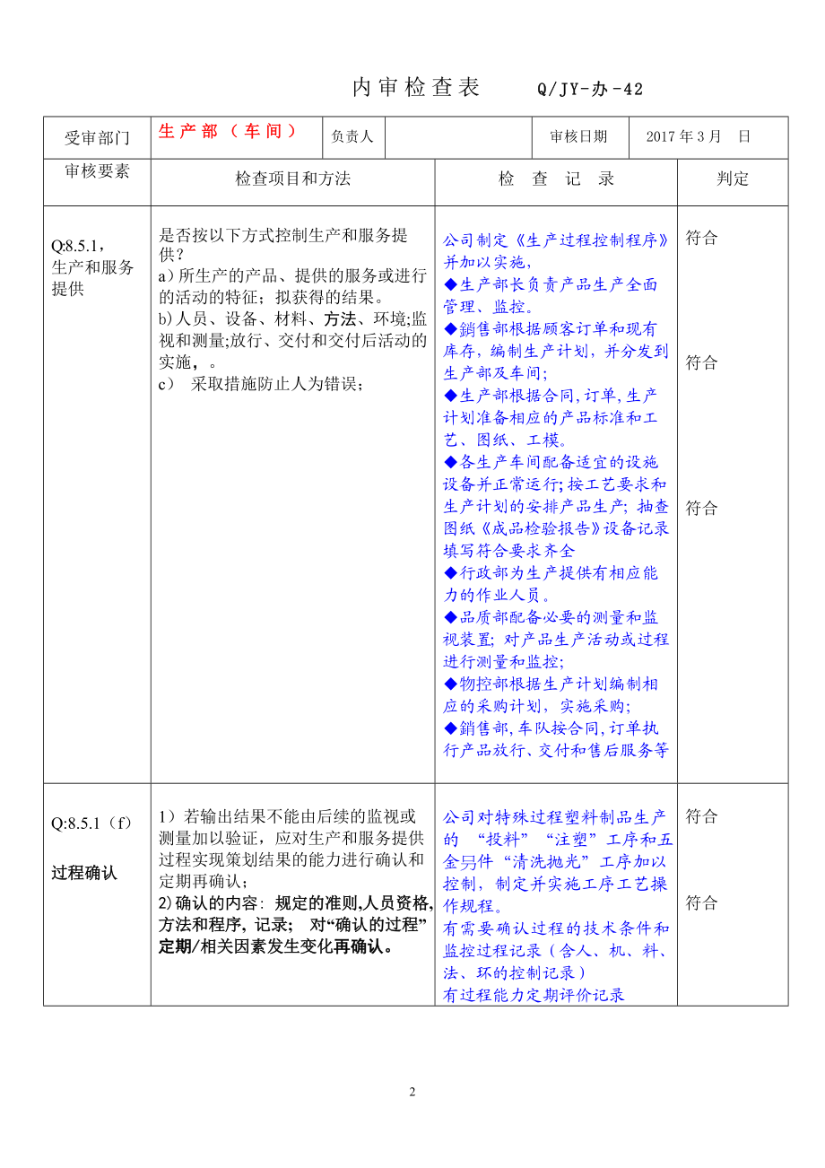 06生产部（车间）内审检查表2016.doc_第2页