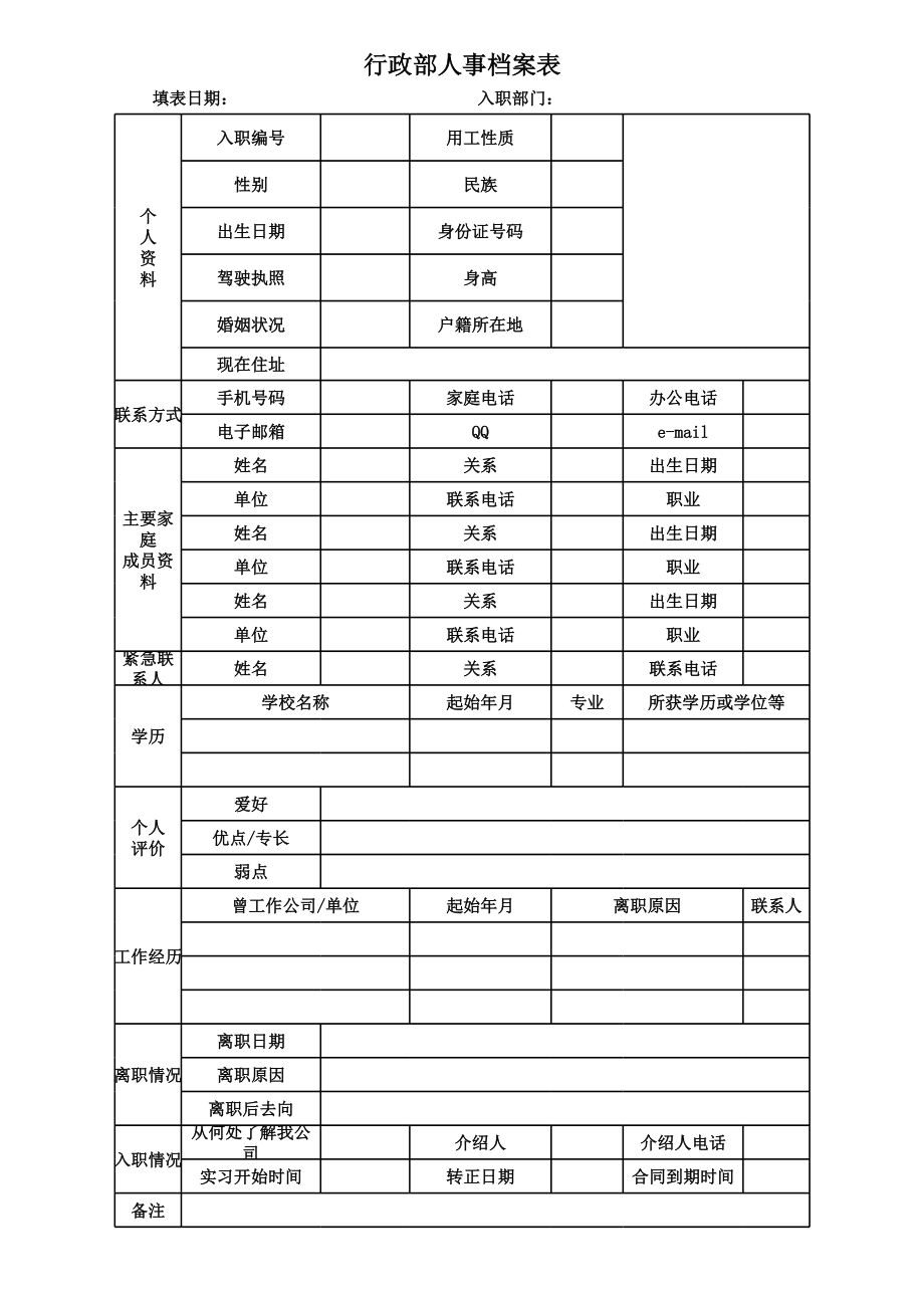 99行政部人事登记表.xls_第1页