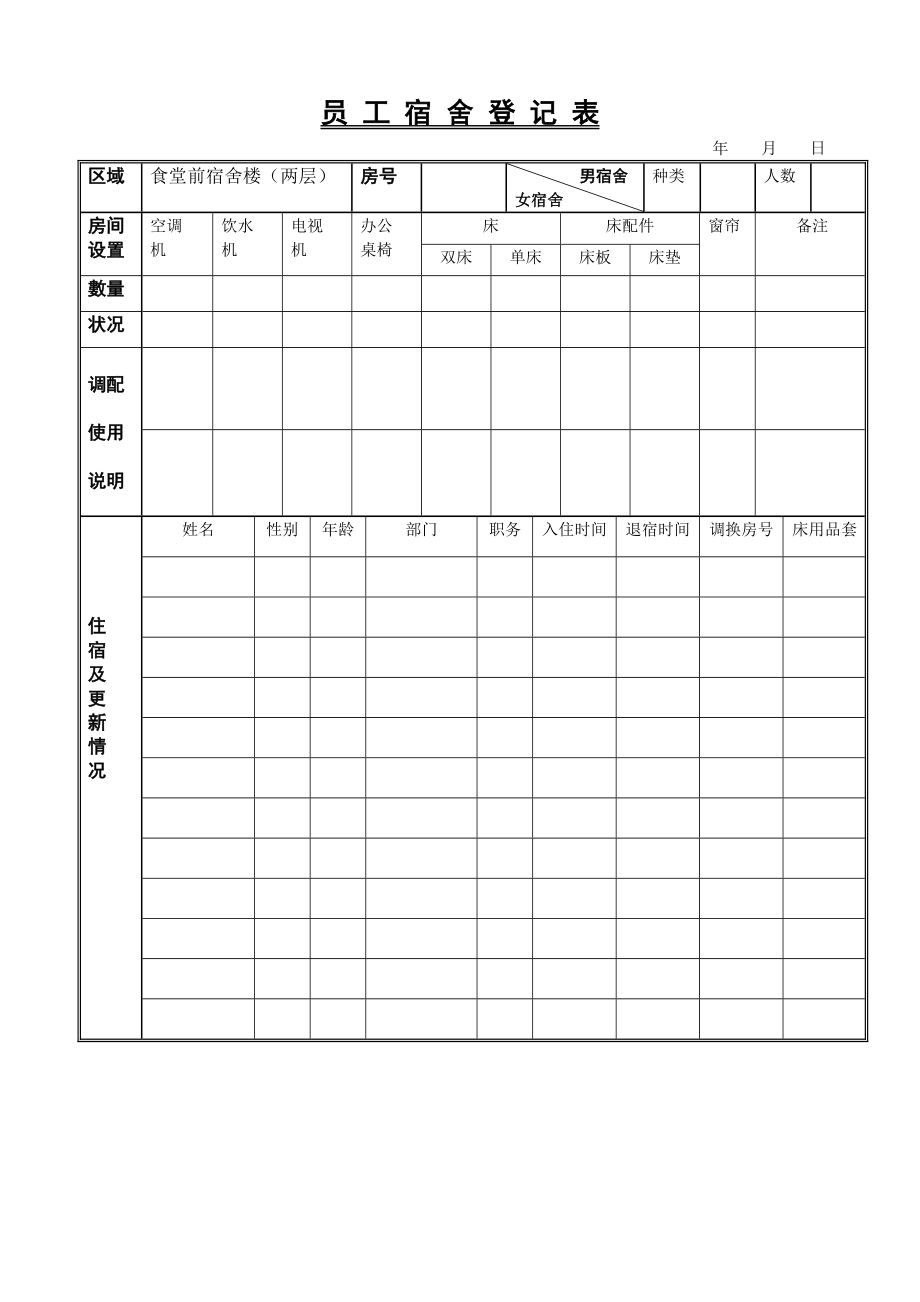 02-【管理表格】-09-员工宿舍登记表.doc_第1页