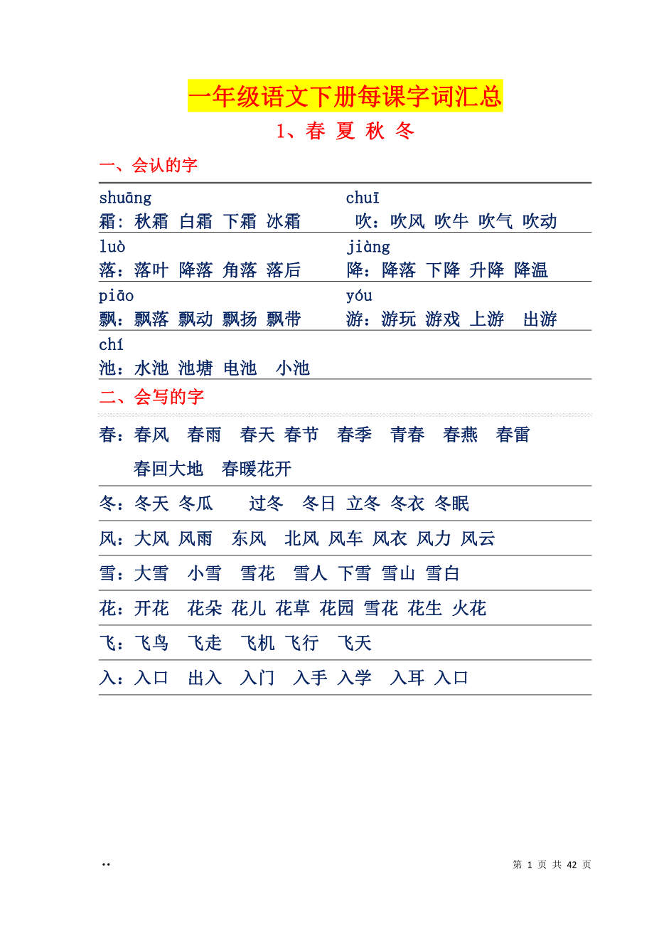 1_一年级下册语文每课字词句汇总.pdf_第1页