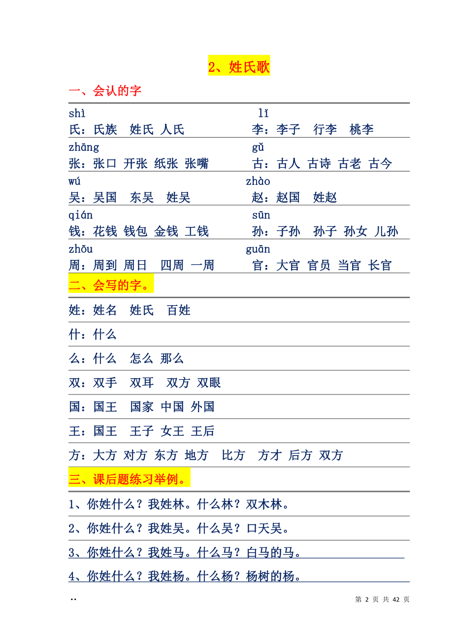 1_一年级下册语文每课字词句汇总.pdf_第2页