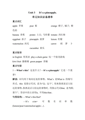 【单元知识点】人教精通版Unit 3 It’s a pineapple单元知识必备清单.doc