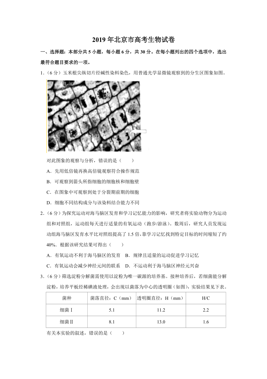 2019年北京市高考生物试卷（原卷版）.doc_第1页