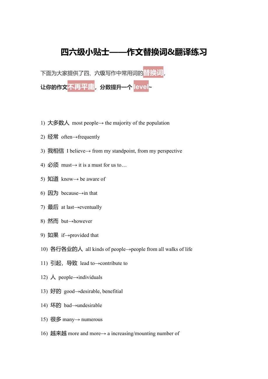 四六级小贴士：作文替换词&amp;amp;翻译练习.doc_第1页