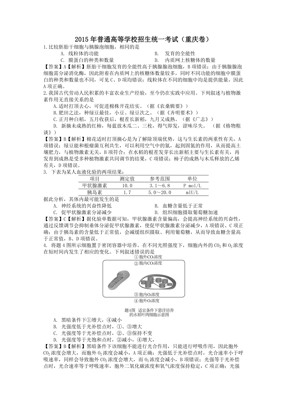 2015年高考重庆高考理综生物试题含答案word版.docx_第1页