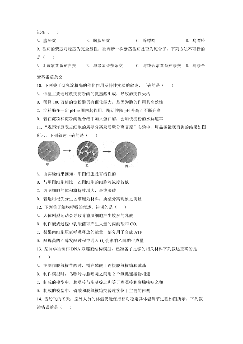 精品解析：2022年6月新高考浙江生物高考真题（原卷版）.docx_第2页