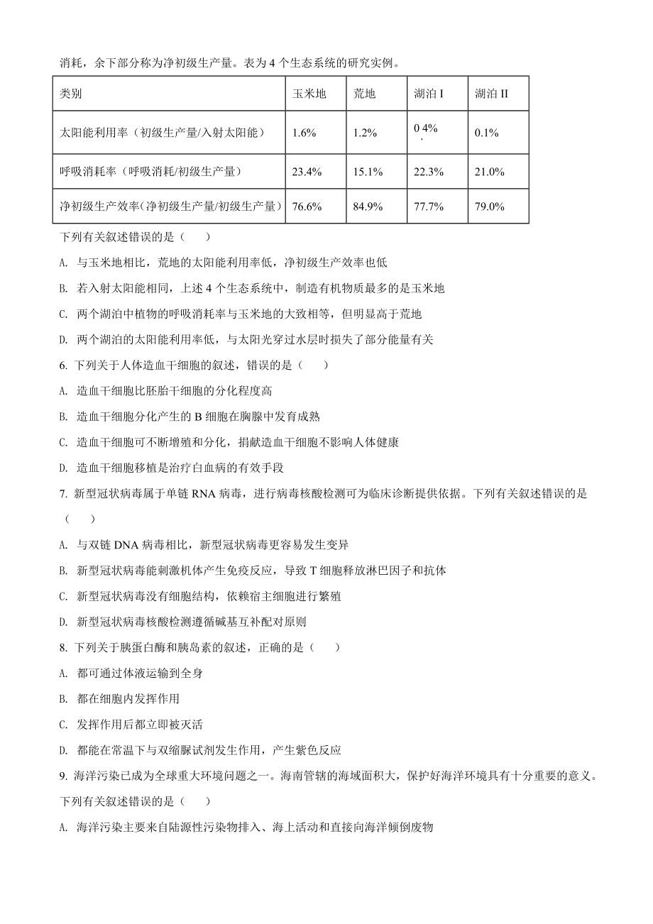 2020年高考海南卷生物（原卷版）.doc_第2页