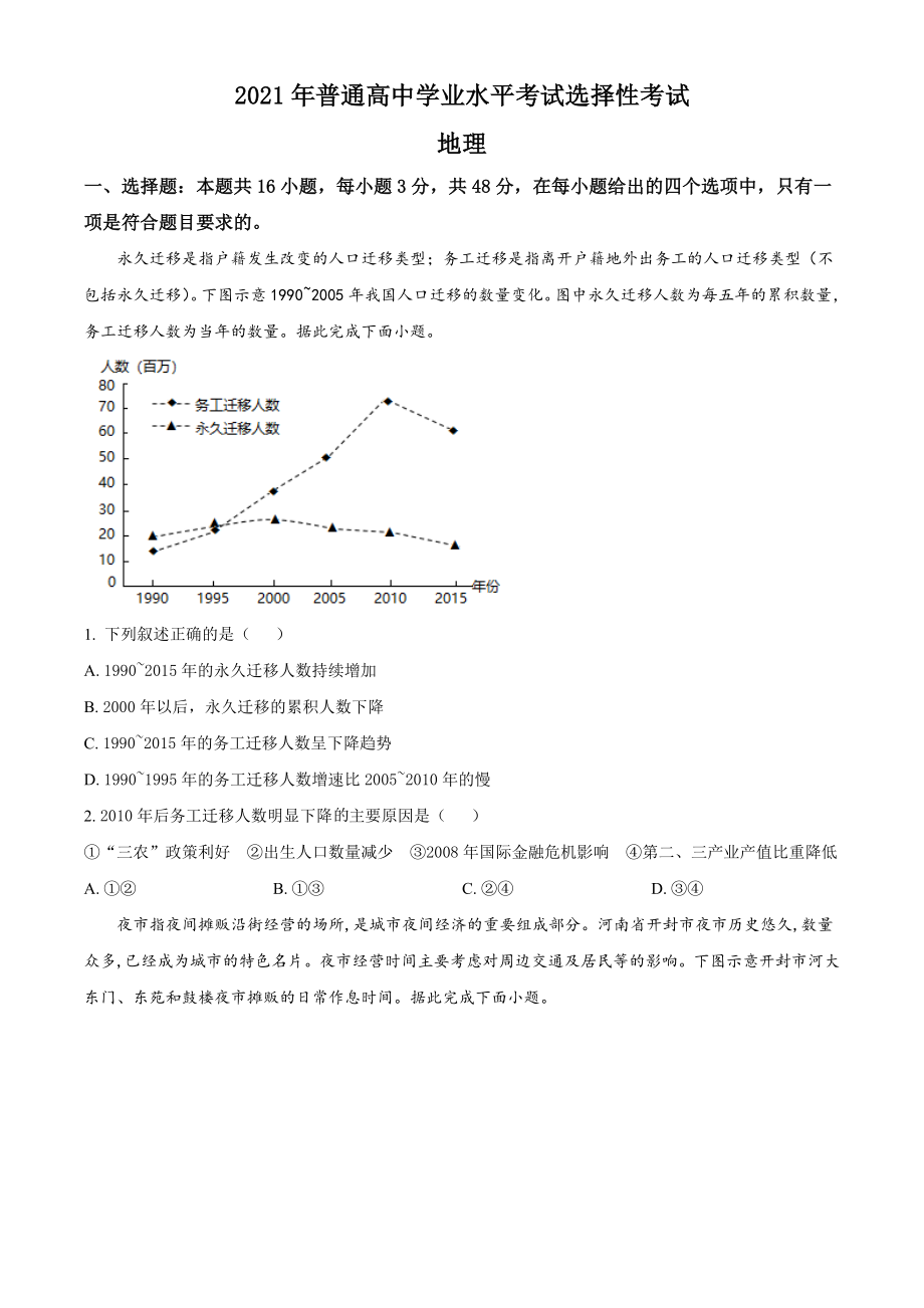 精品解析：湖南省2021年普通高中学业水平选择性考试地理试题（原卷版）.doc_第1页