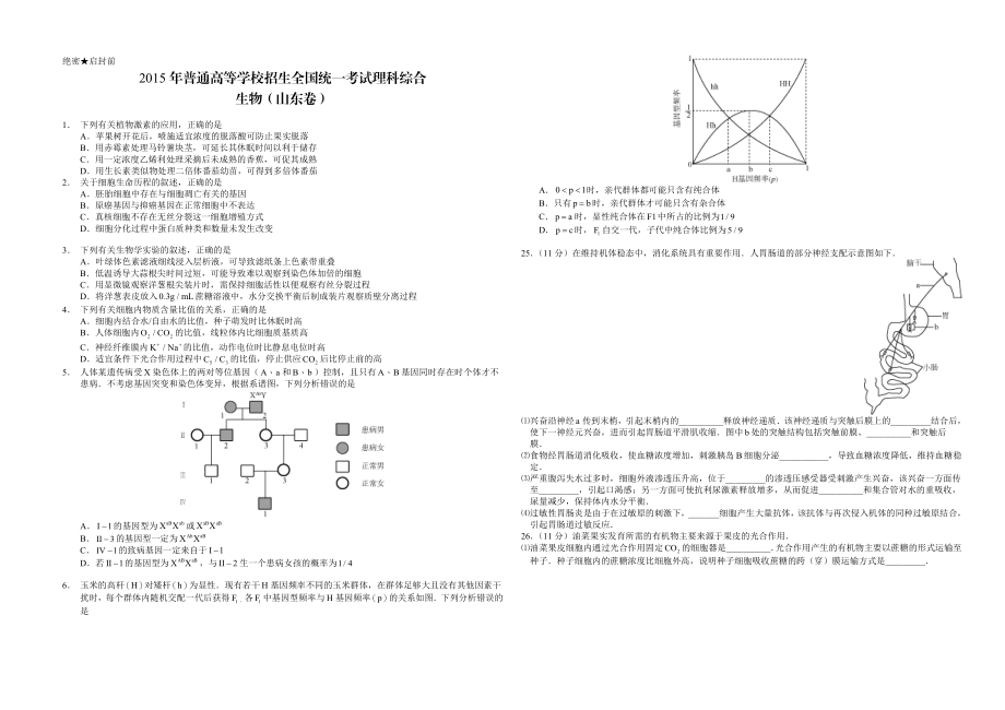 2015年高考真题 生物(山东卷)（原卷版）.docx_第1页