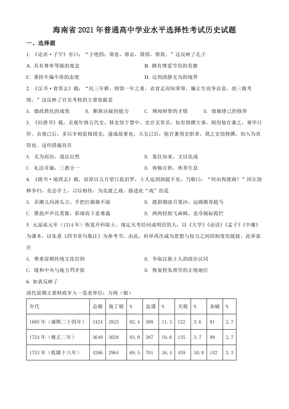 精品解析：2021年新高考海南历史高考真题（原卷版）.docx_第1页