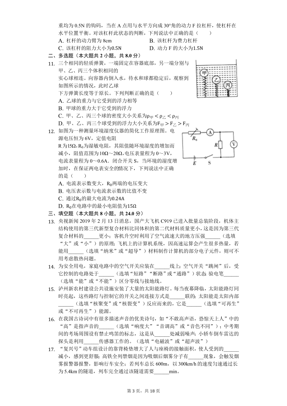 2019年四川省泸州市中考物理试卷（解析版）.docx_第3页