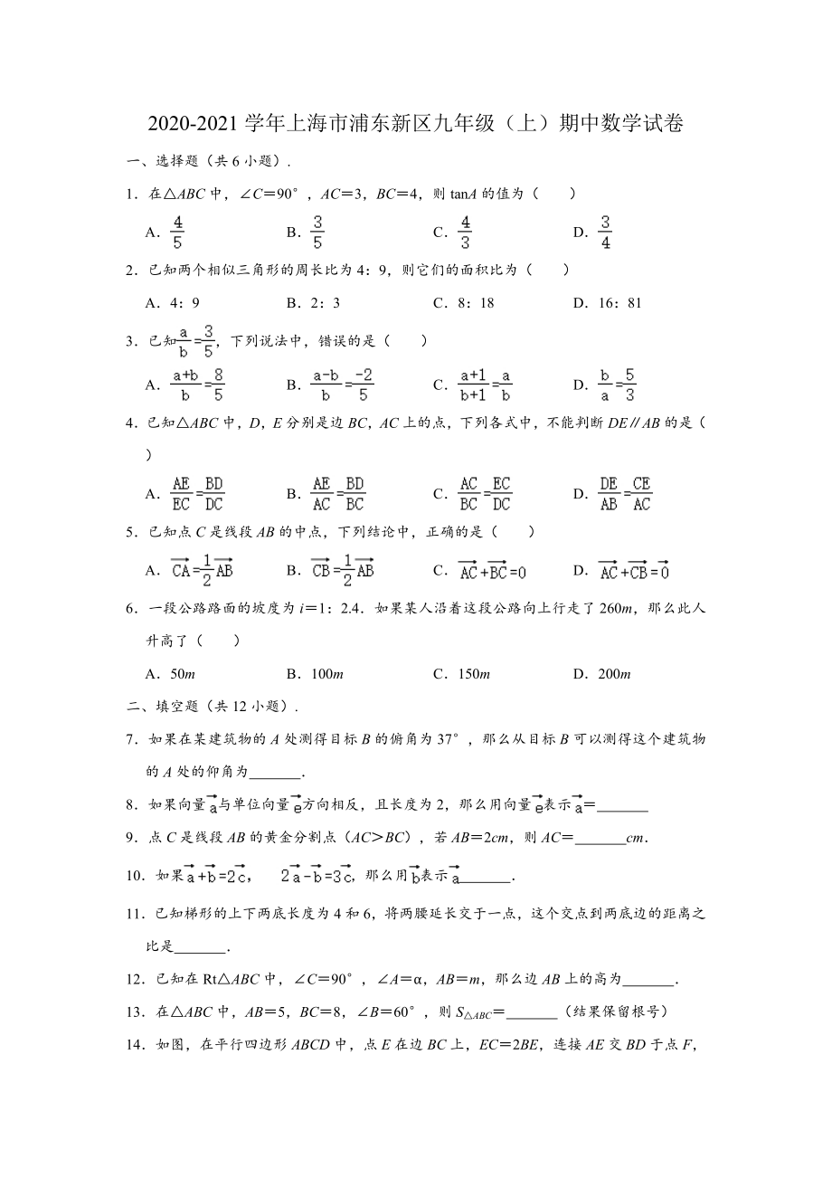 2020-2021学年上海市浦东新区九年级上学期期中数学试卷 （Word版 含解析）.doc_第1页