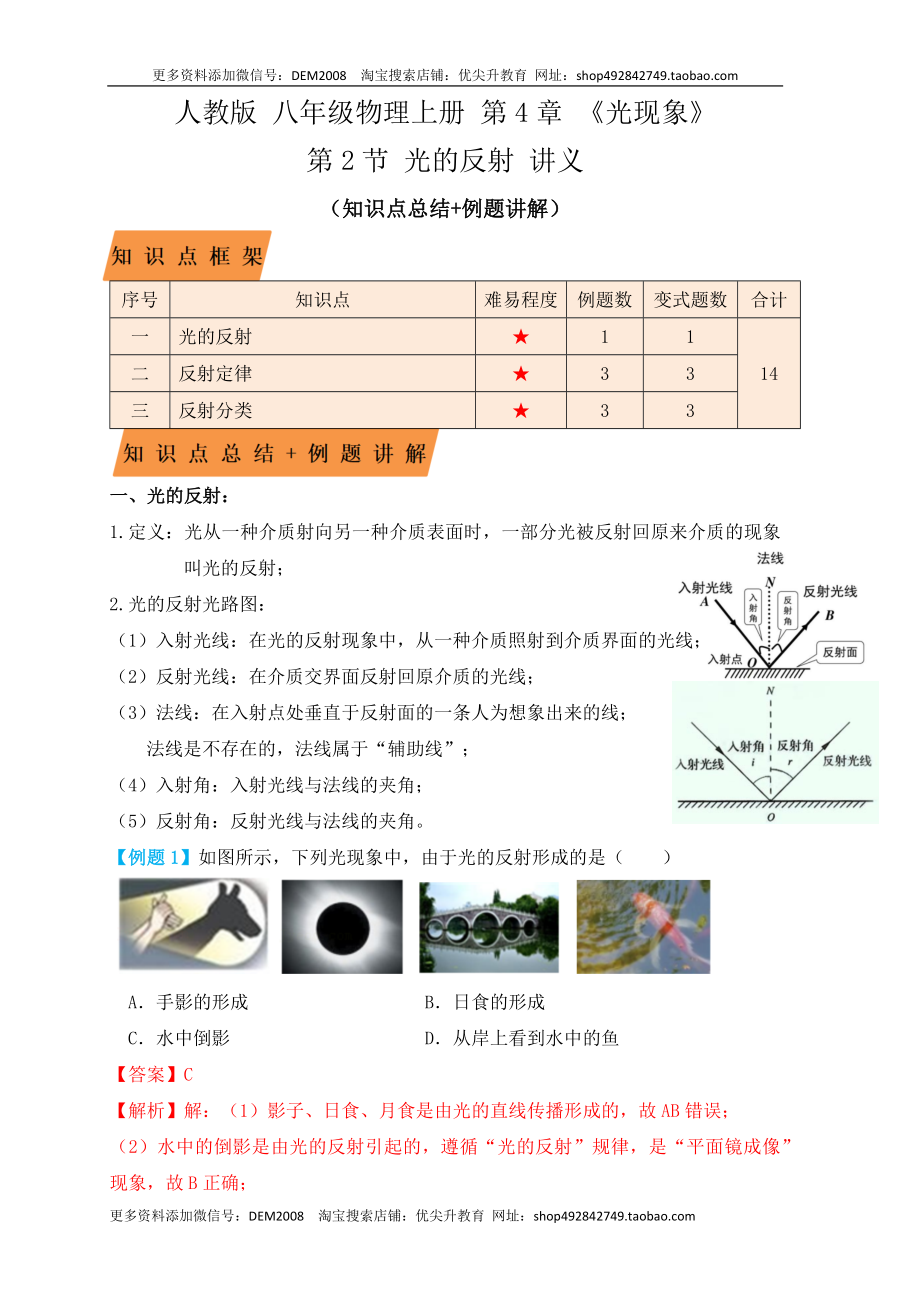 4.2光的反射（知识点+例题）（解析版）.docx_第1页