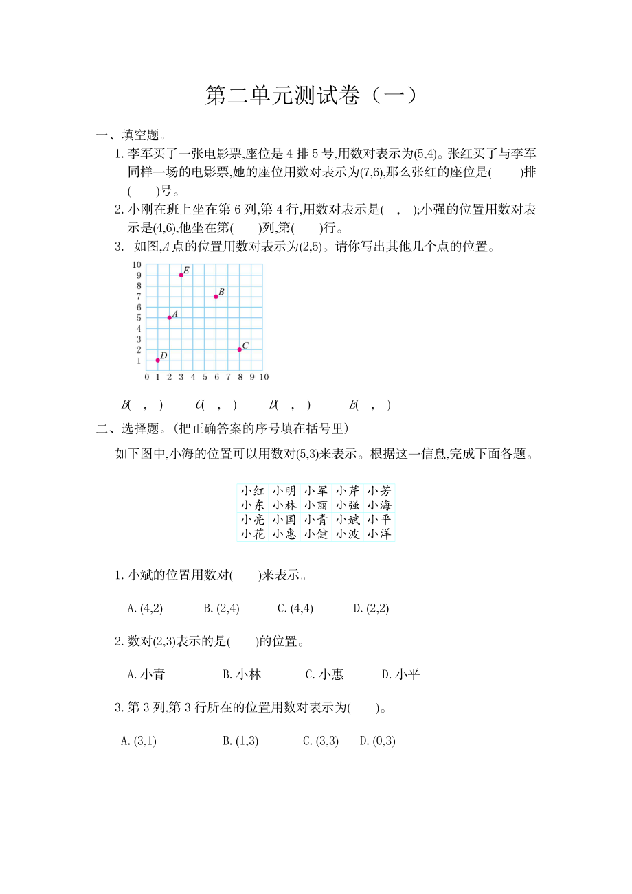 五（上）人教版数学第二单元检测卷.1.doc_第1页