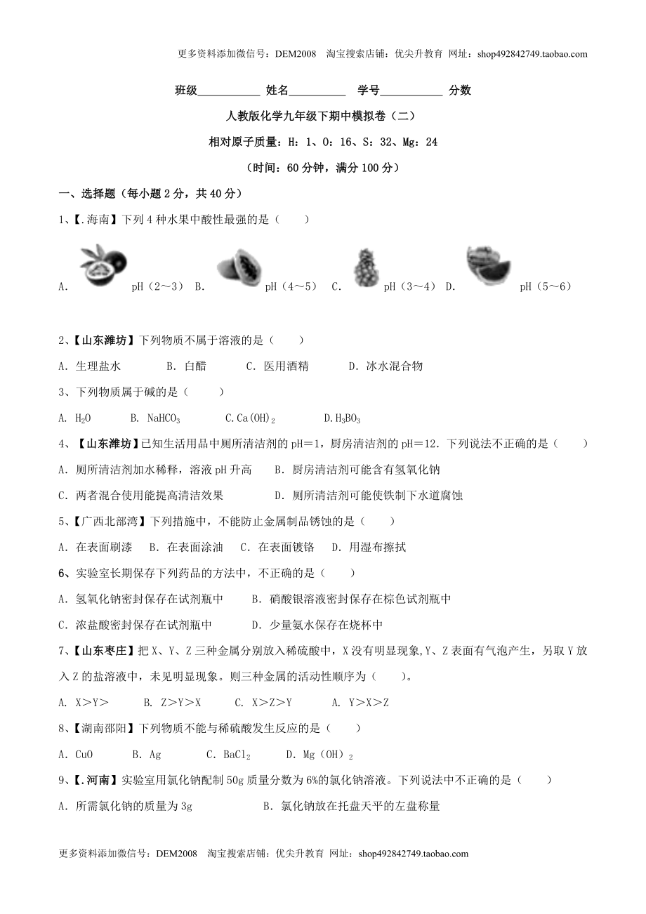 人教版化学九年级下期中模拟卷（二）（原卷版）.doc_第1页