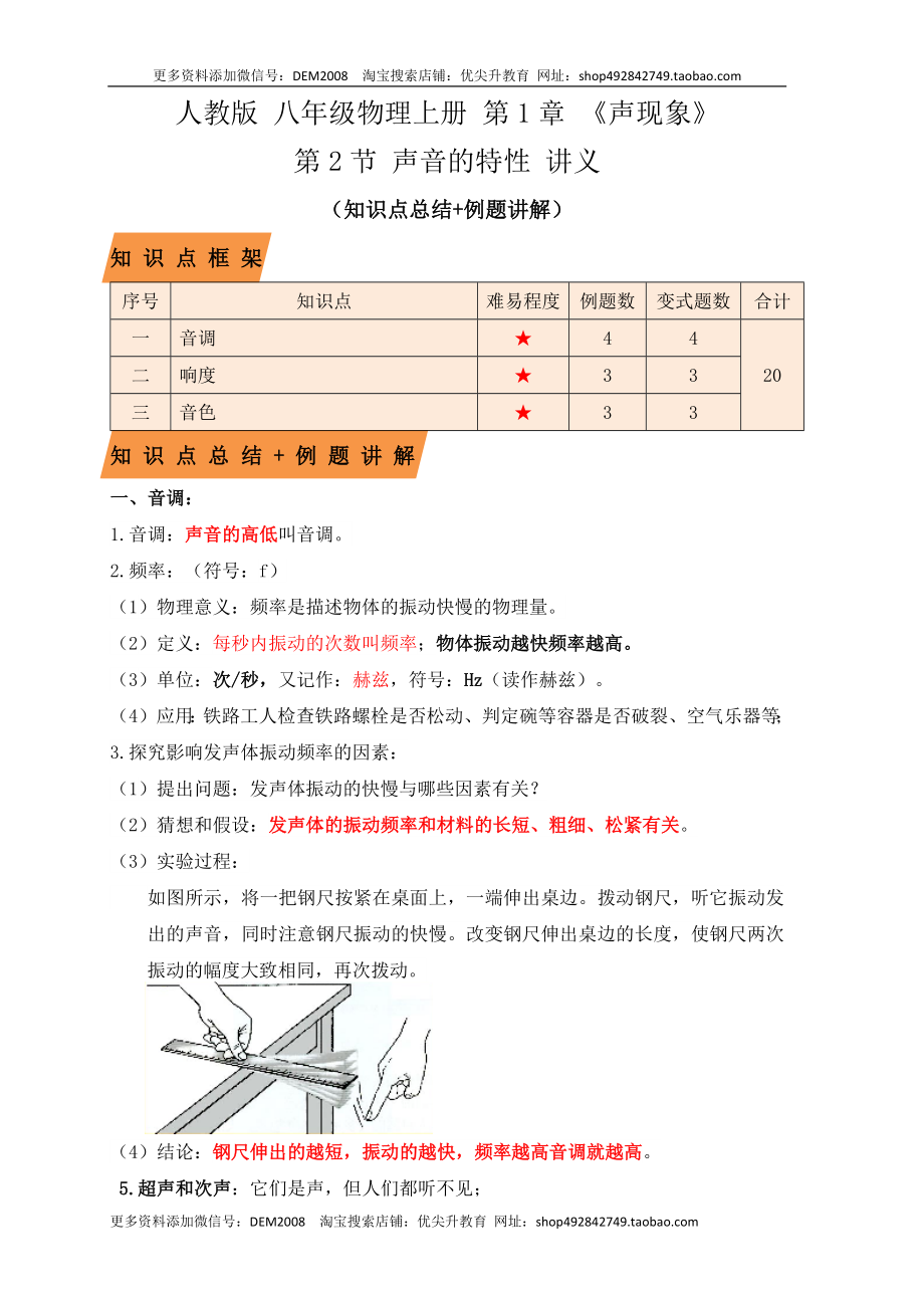 2.2声音的特性（知识点+例题）（原卷版）.docx_第1页