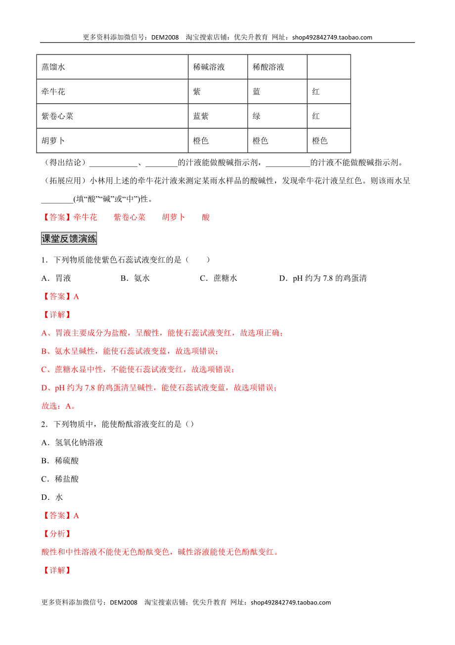 10.1.1 酸、碱与指示剂作用（人教版）（解析版）.docx_第2页