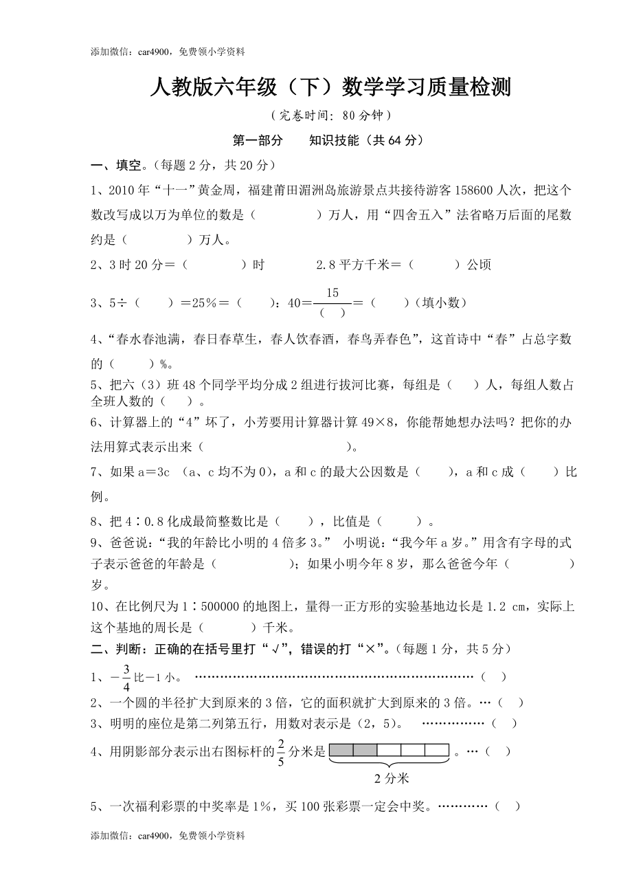 人教版六年级（下）数学学习质量检测.doc_第1页