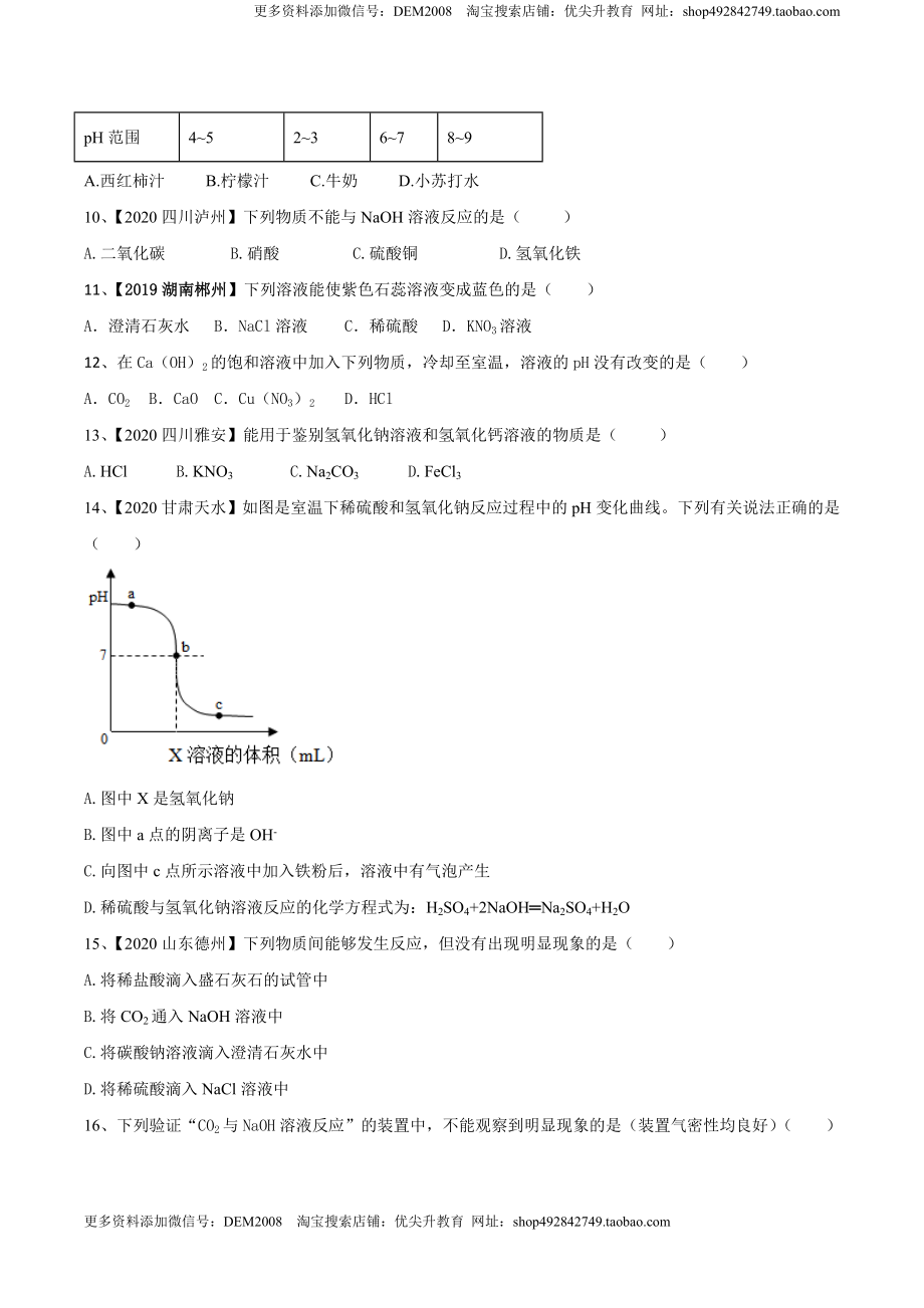 第十单元 酸和碱单元测试卷（A卷基础篇）（原卷版）-九年级化学下册同步单元AB卷（人教版）.doc_第2页