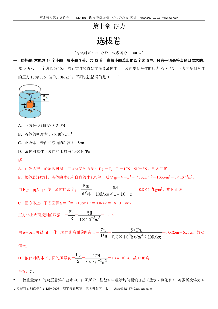 第十章 浮力（选拔卷）-【单元测试】（人教版）（解析版）.doc_第1页