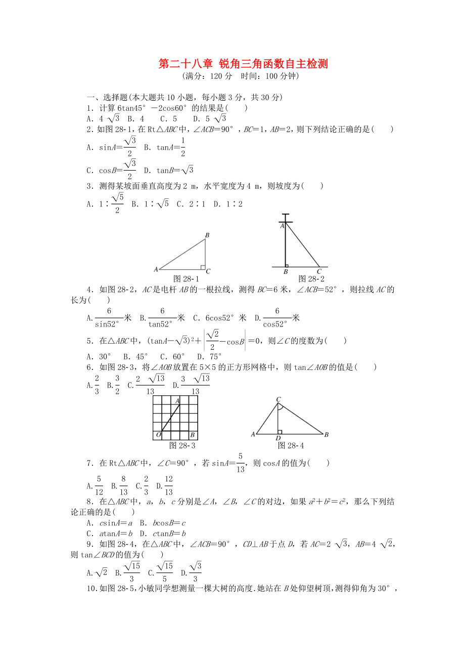 9年级数学下册 第二十八章 锐角三角函数自主检测 （新版）新人教版.doc_第1页