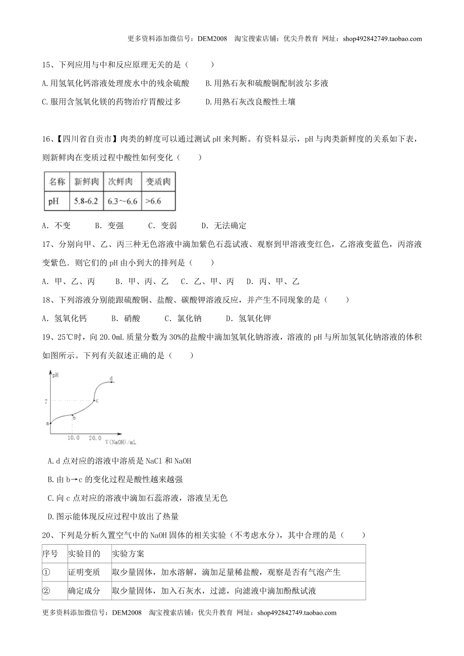 第十单元 酸和碱单元测试卷（A卷基础篇）（原卷版）.doc_第3页