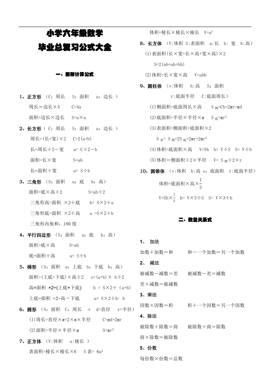 六（上）数学毕业总复习公式大全.doc_第1页