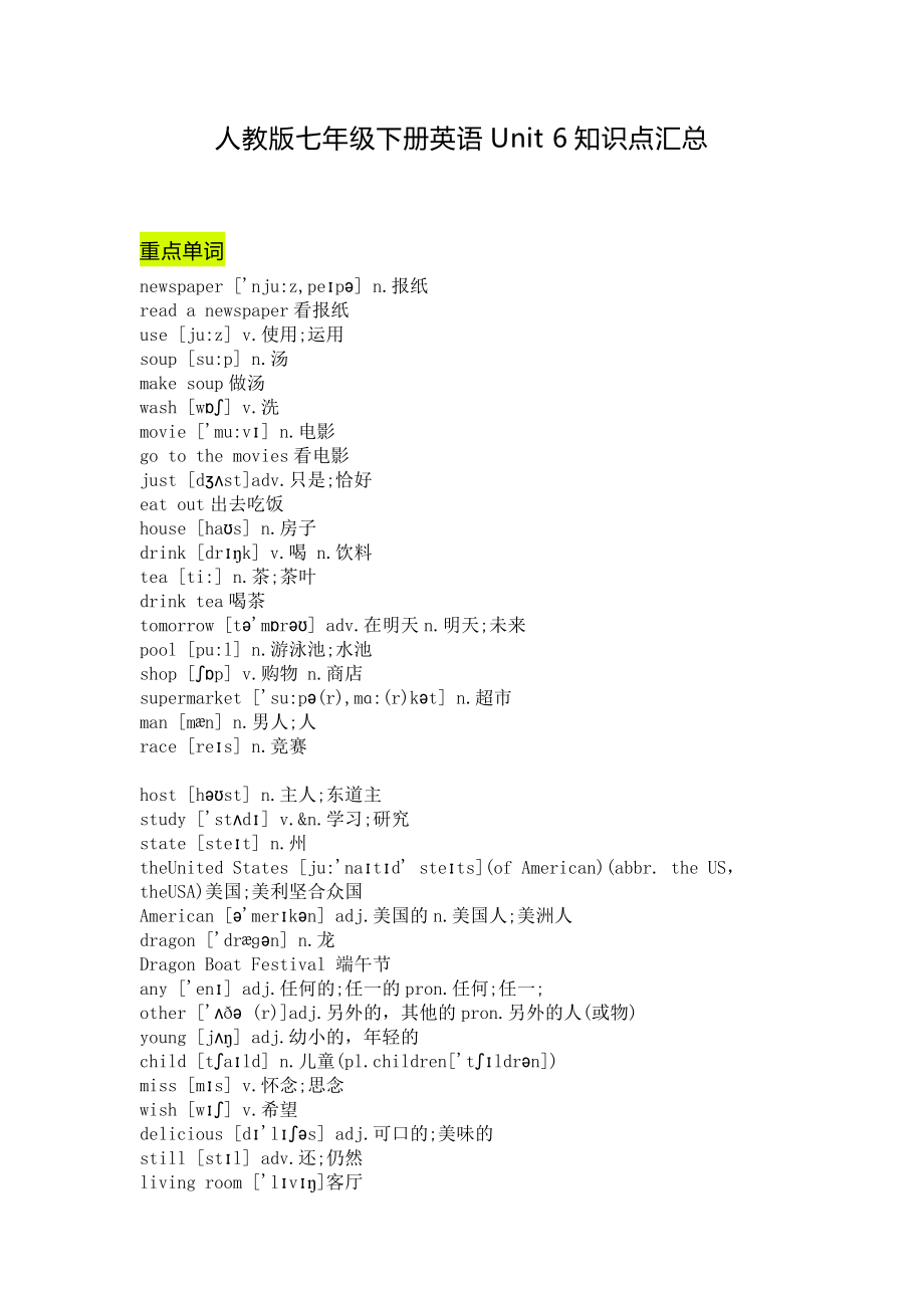 七年级英语下册Unit 6重点知识汇总.docx_第1页