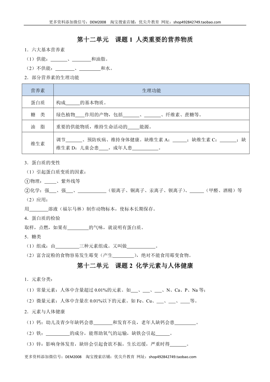 第十二单元 化学与生活（人教版）（测试版）.docx_第1页