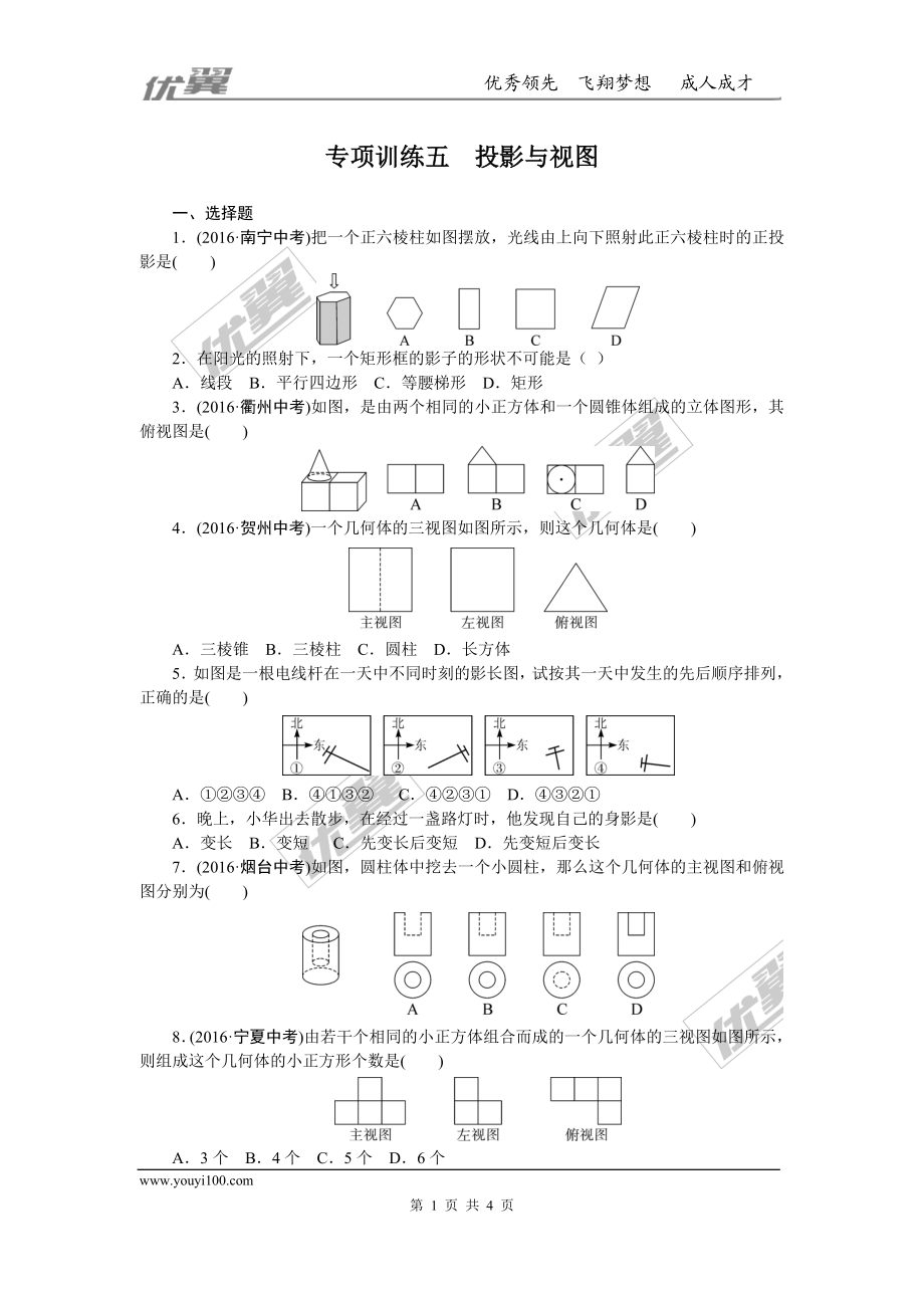 专项训练五　投影与视图.doc_第1页