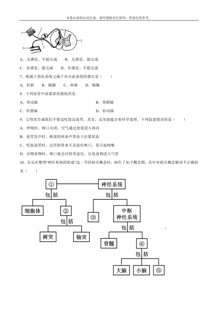 2020-2021学年七年级生物下学期期末仿真模拟冲刺卷（人教版）05（原卷版）.docx_第2页