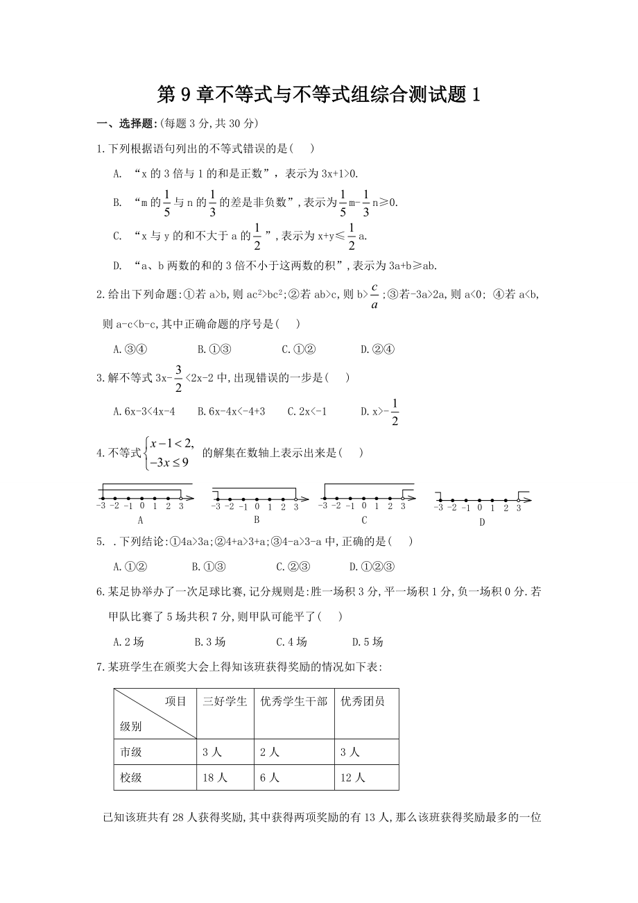 新人教（七下）第9章不等式与不等式组综合测试题1.doc_第1页