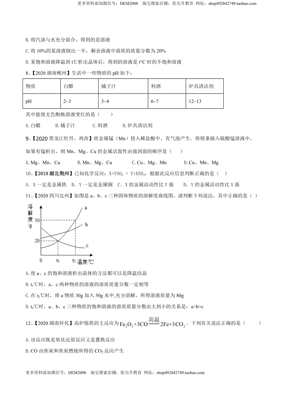 人教版化学九年级下期中模拟卷（一）(原卷版)-九年级化学下册同步单元AB卷（人教版）.doc_第2页