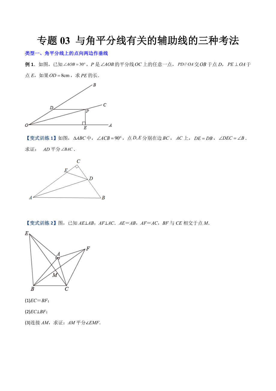 专题03 与角平分线有关的辅助线的三种考法（原卷版）（人教版） .docx_第1页