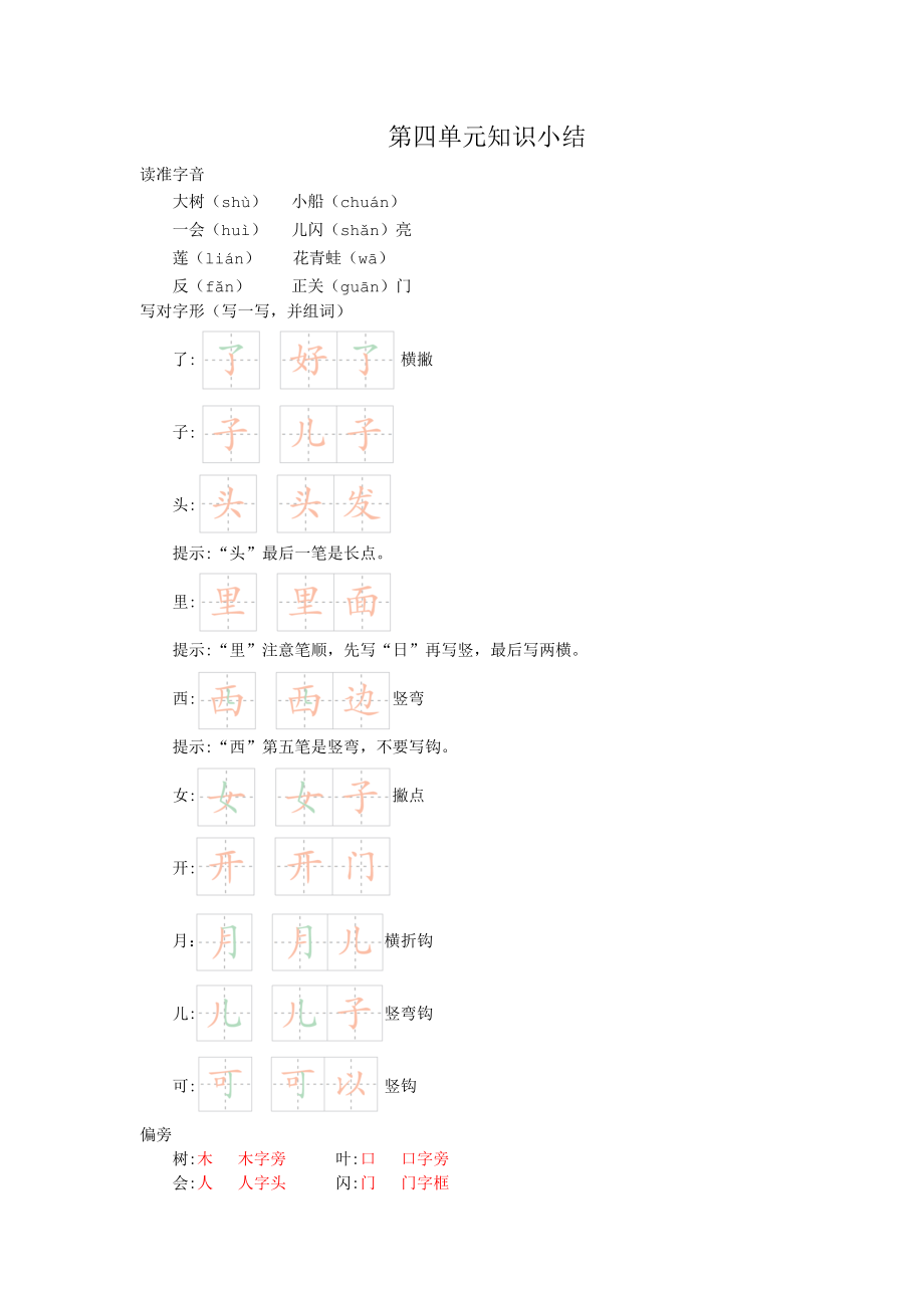 一年级语文第四单元知识小结.docx_第1页