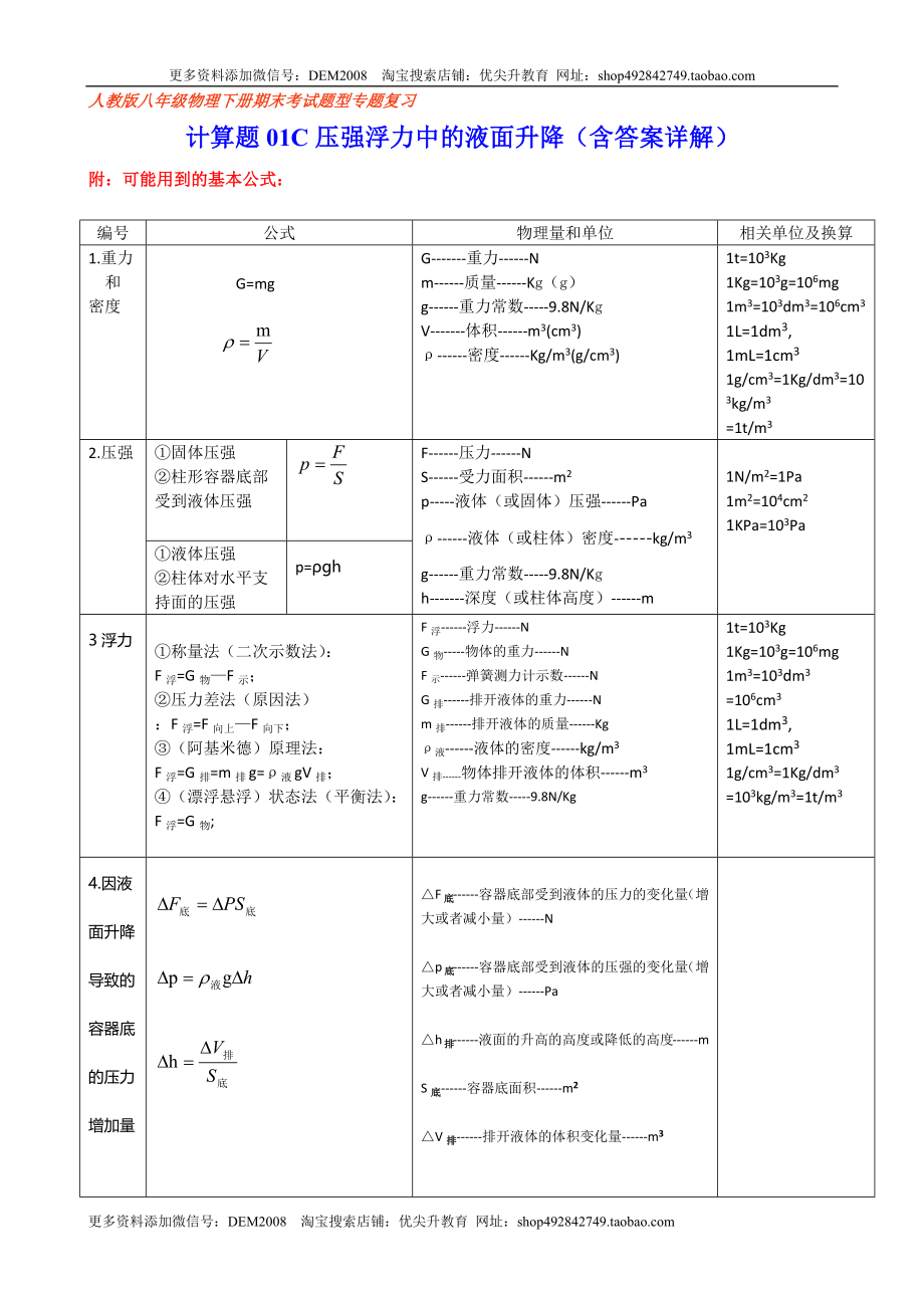 计算题01C压强浮力中的液面升降（含答案详解）.docx_第1页