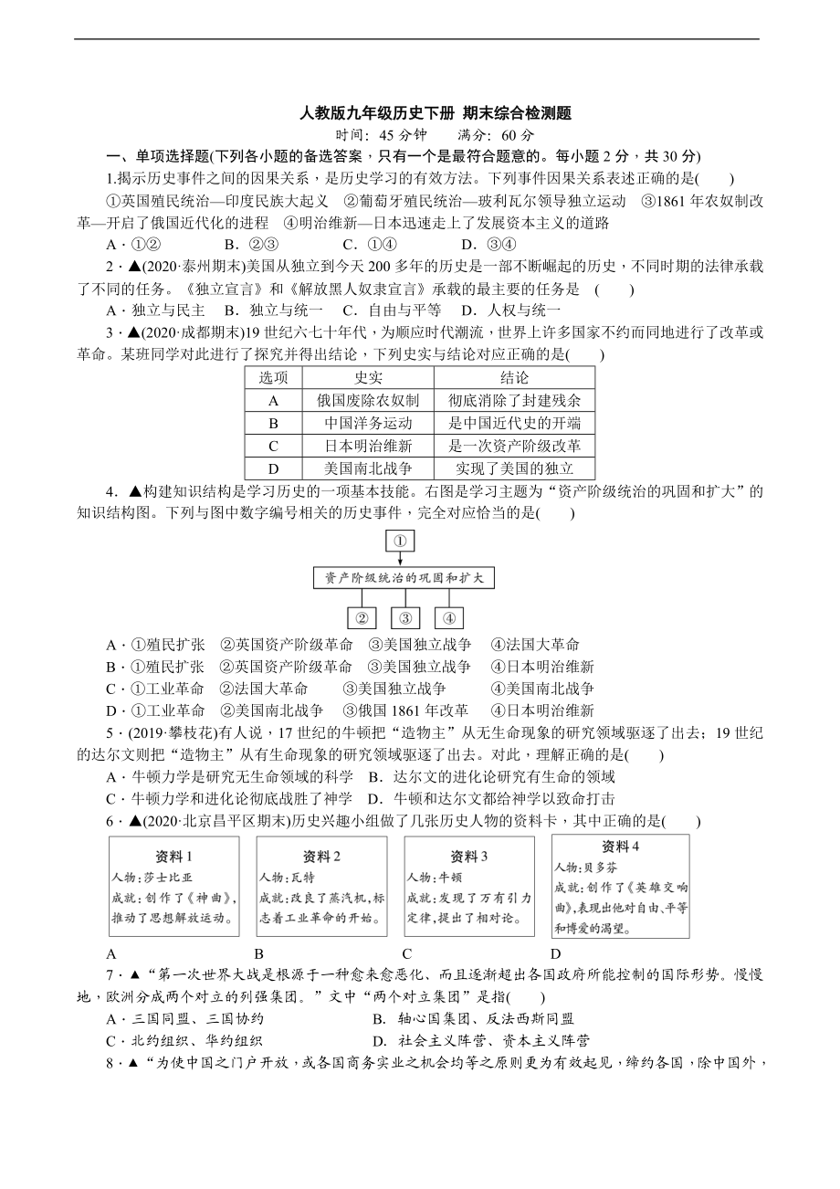 人教版九年级历史下册期末综合检测题（含详细解答）.doc_第1页