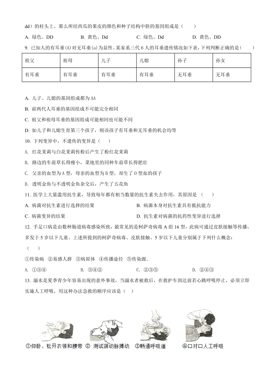 精品解析：河南省信阳市潢川县2020-2021学年八年级下学期期末生物试题（原卷版）.doc_第2页