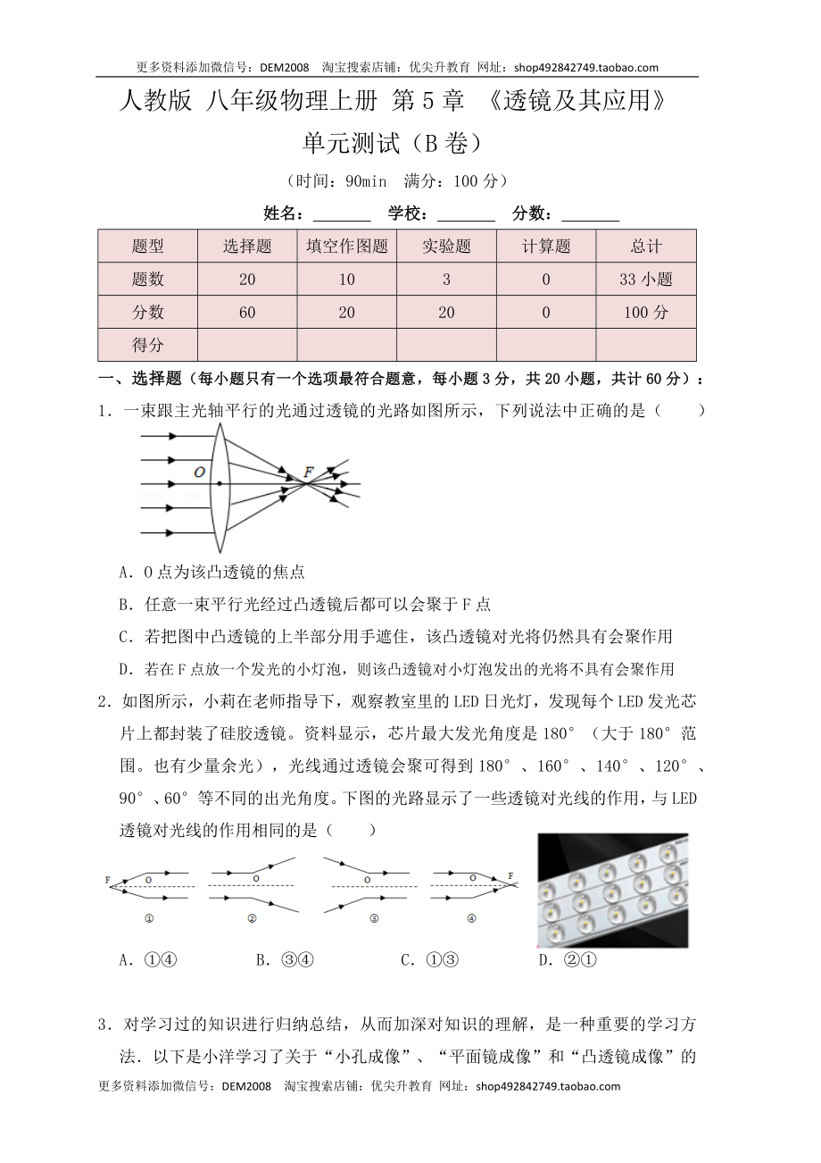 第5章《透镜及其应用》单元测试练习（B卷）(原卷版).docx_第1页