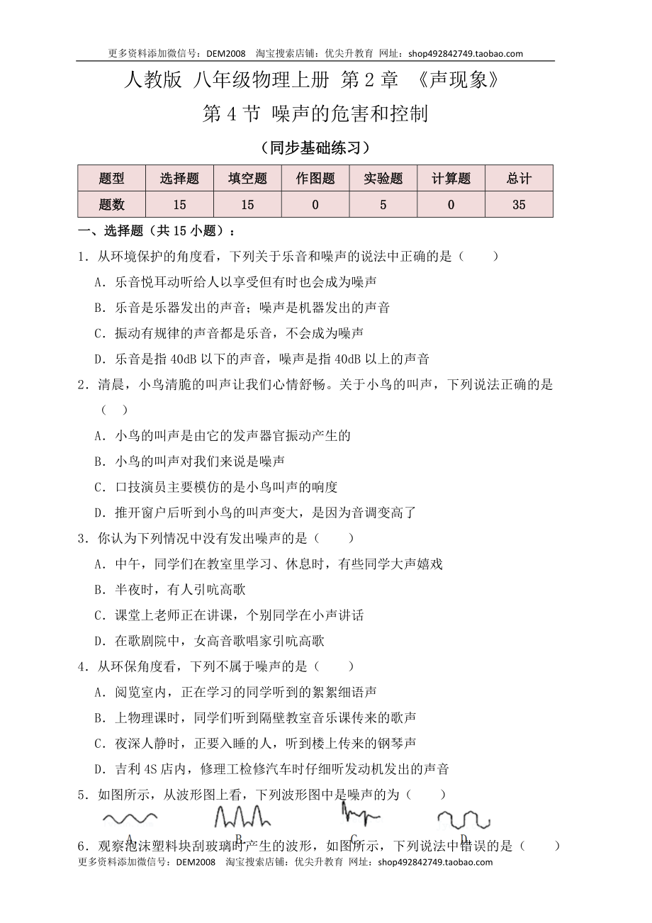 2.4噪声的危害和控制（同步练习）（原卷版）.docx_第1页