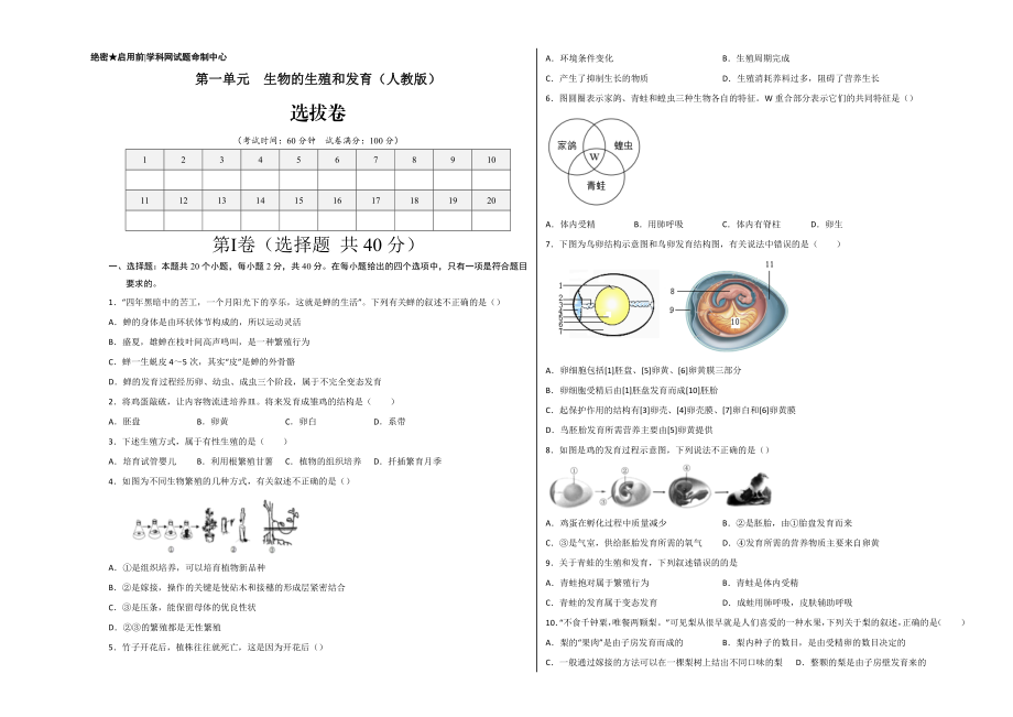 第一单元 生物的生殖和发育（选拔卷）-【单元测试】2021-2022学年八年级生物下册尖子生选拔卷（人教版）（考试版）.doc_第1页