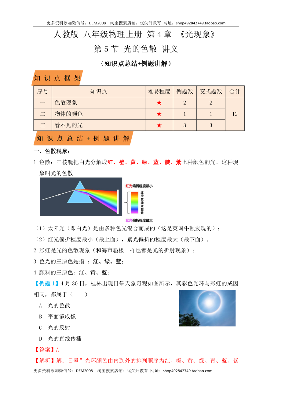 4.5光的色散（知识点+例题）（解析版）.docx_第1页