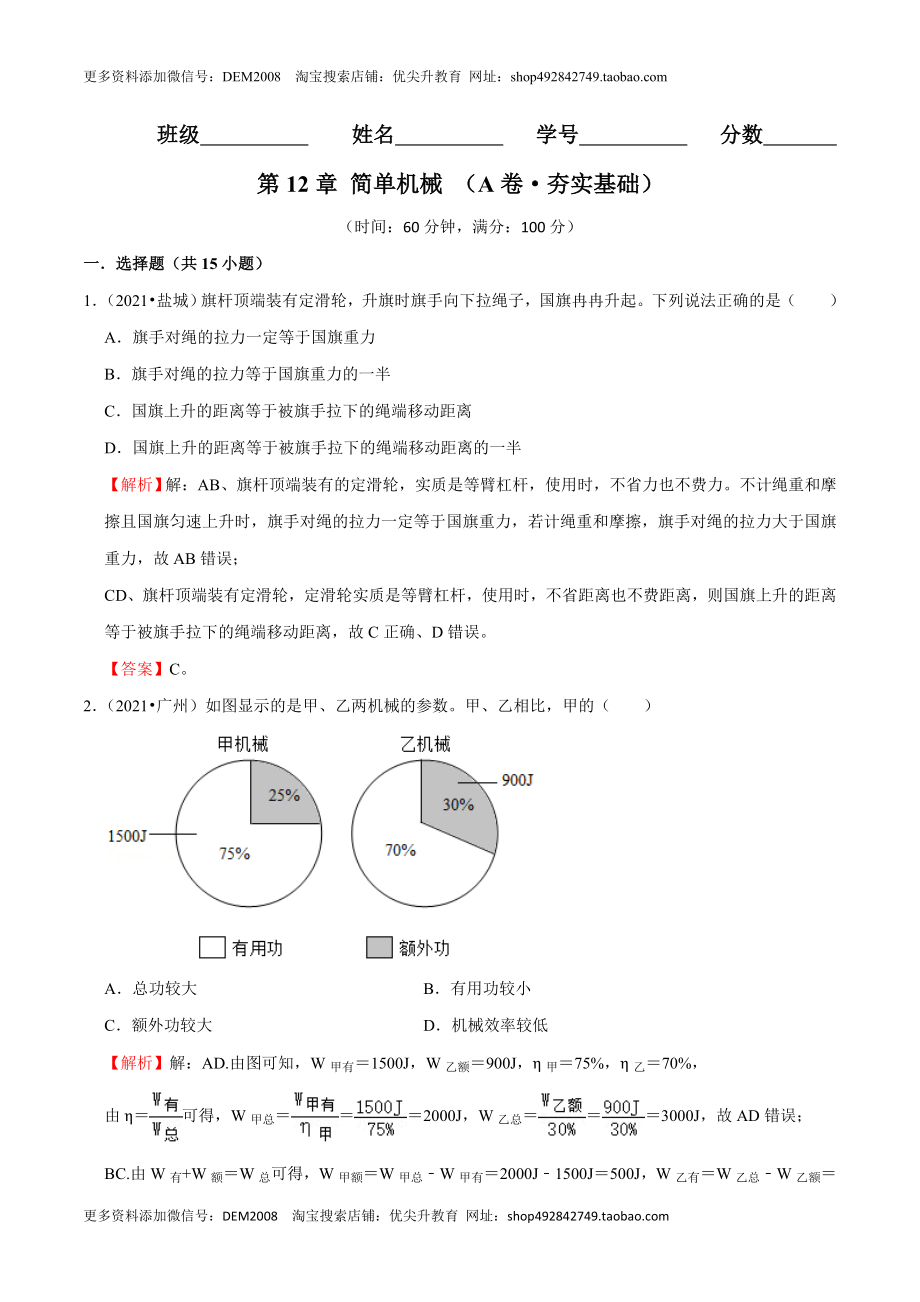 第12章 简单机械（（A卷·夯实基础）（解析版）.doc_第1页