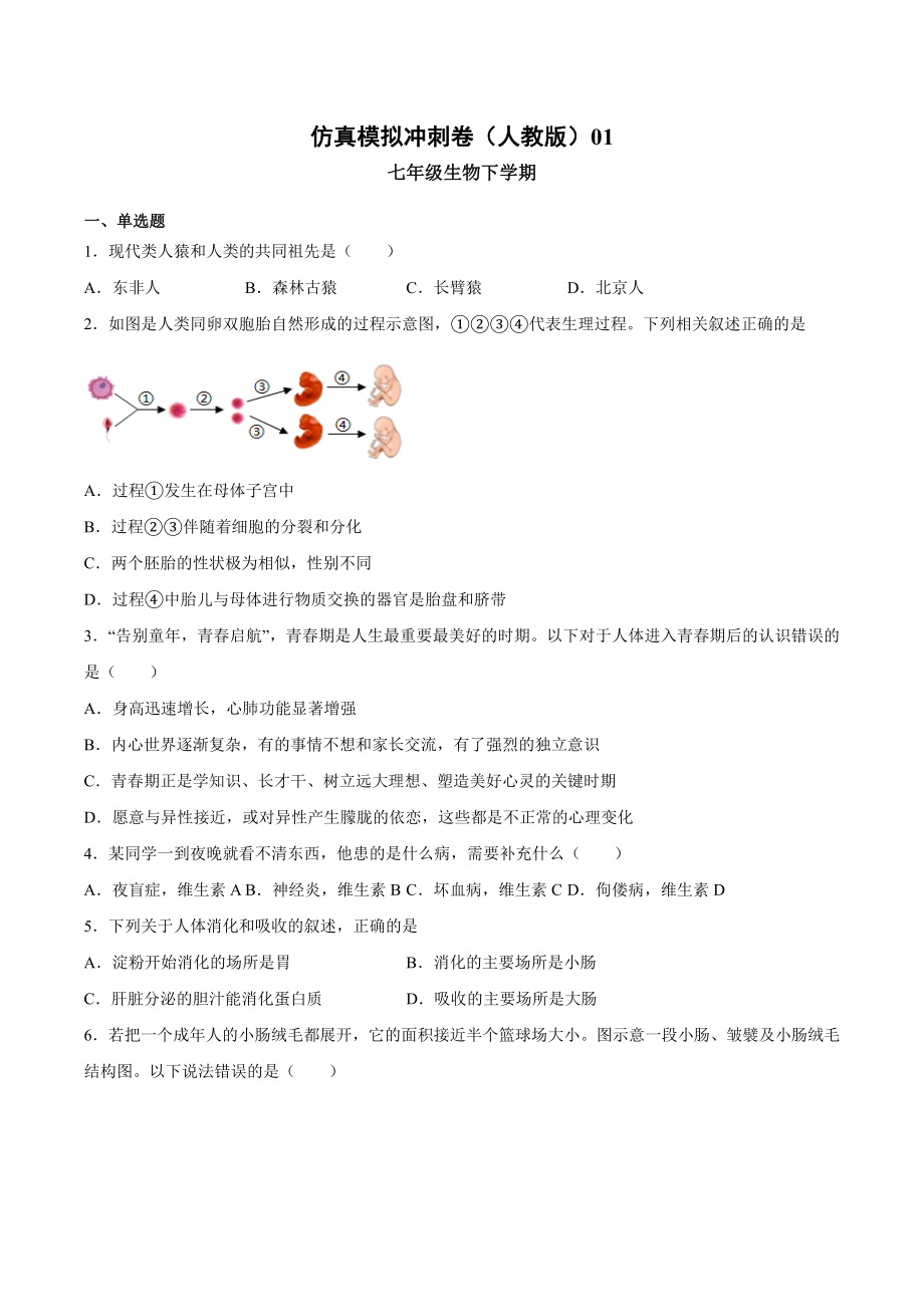 2020-2021学年七年级生物下学期期末仿真模拟冲刺卷（人教版）01（原卷版）.docx_第1页