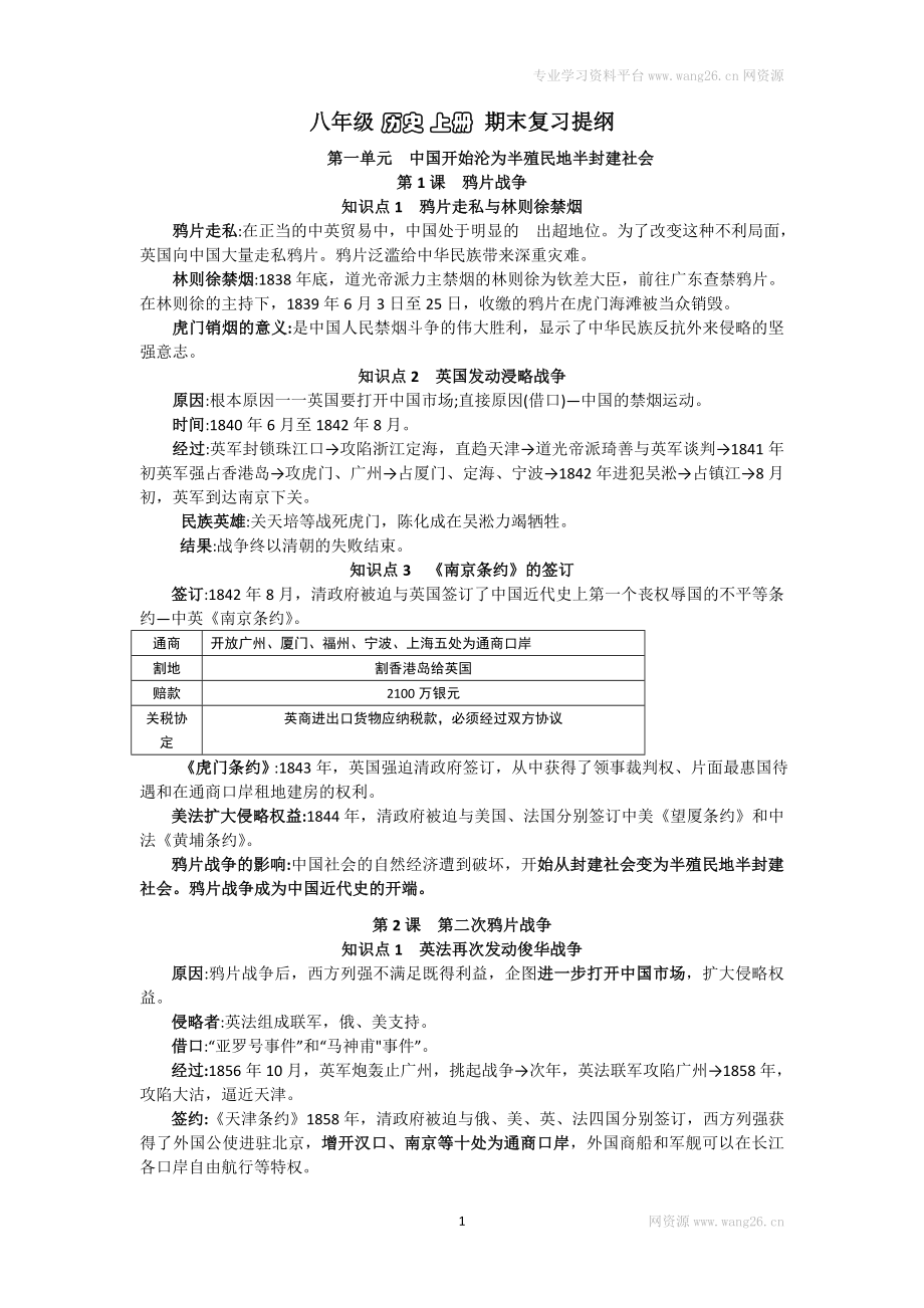 人教部编版历史八年级上册-复习提纲.doc_第1页