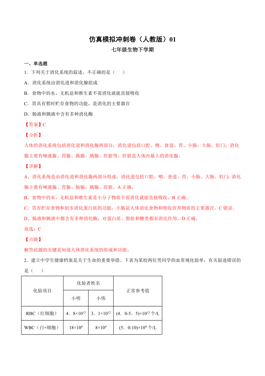 2020-2021学年七年级生物下学期期末仿真模拟冲刺卷（人教版）04（解析版）.docx_第1页